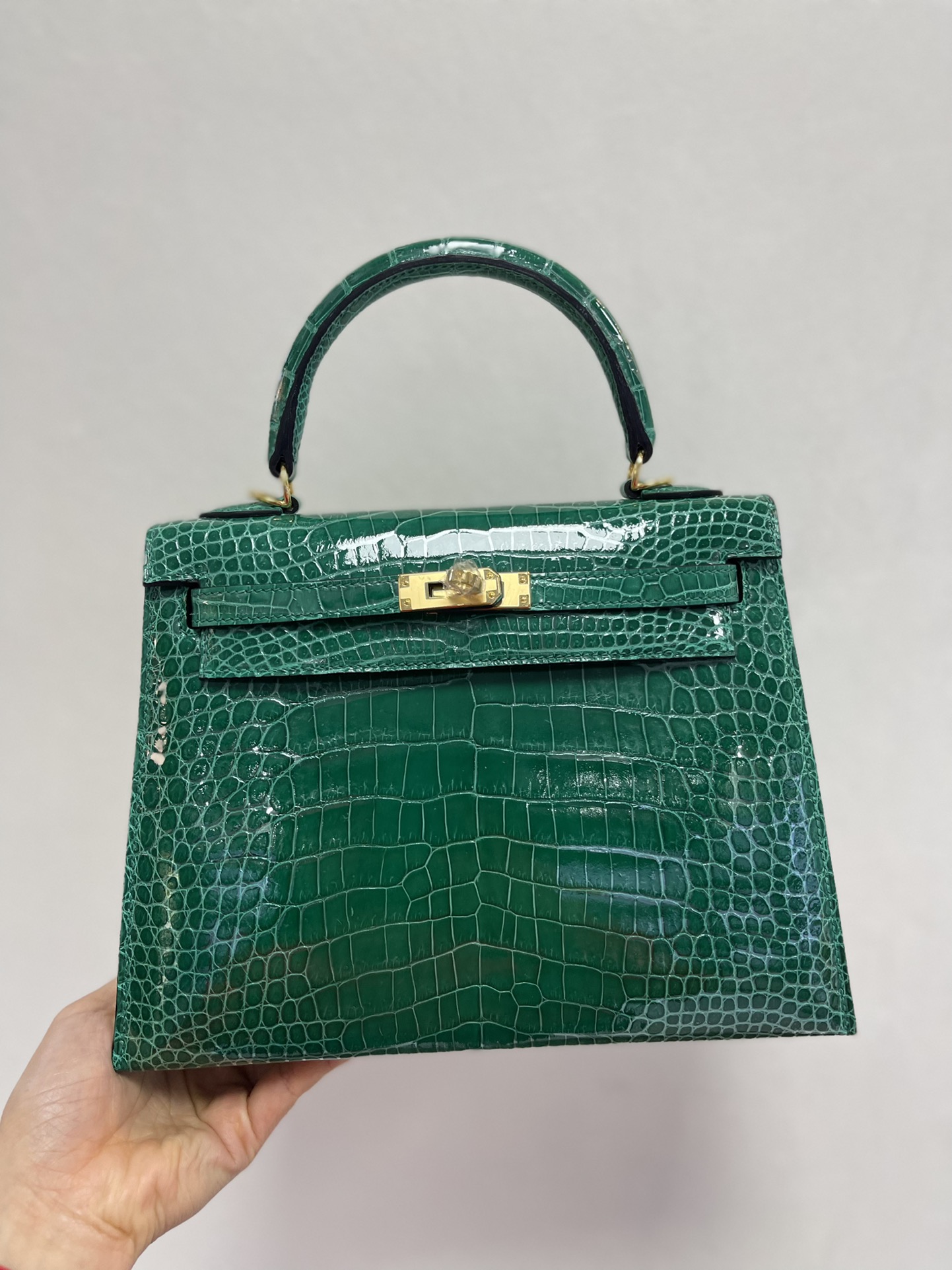 Hermes Kelly 25cm Handbag Shoulder Bag In Vert Emeraude Shiny Crocodile Niloticus Leather